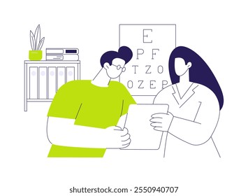 Laser eye surgery consultation abstract concept vector illustration. Patient consulting with ophthalmologist, LASIK eye surgery, medicine industry, correct nearsightedness abstract metaphor.