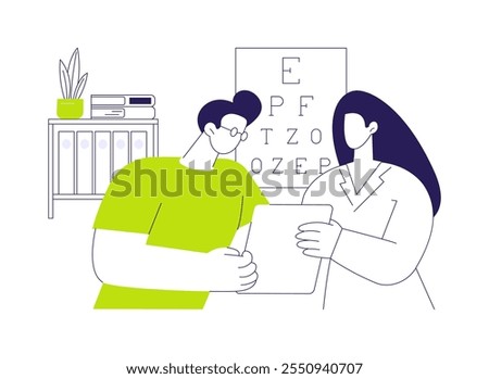 Laser eye surgery consultation abstract concept vector illustration. Patient consulting with ophthalmologist, LASIK eye surgery, medicine industry, correct nearsightedness abstract metaphor.