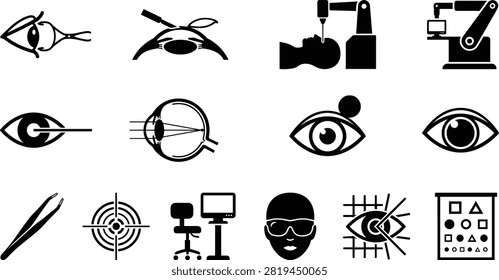 Laser Eye Surgery and Ophthalmology Icon Set Featuring Black Vector Symbols 