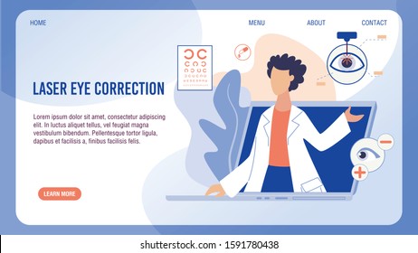 Laser Eye Vision Correction Landing Page on Flat Screen Design. Operation Surgery Technology. Cartoon Woman Ophthalmologists Giving Consultation on Laptop. Online Medical Service. Vector Illustration