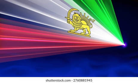 Laser flag of iran lion and sun. Iranian abstract flag. War, freedom. Laser show, dark background. Protest, riot, revolution. Template banner, poster for national holiday iran. Place for text. Vector
