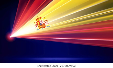 Bandera láser de España. Espectáculo láser sobre fondo azul oscuro. Bandera nacional abstracta española. Plantilla multicolor de Anuncio, cartel de fiesta nacional de España. Lugar para el texto. Copiar espacio. Vector
