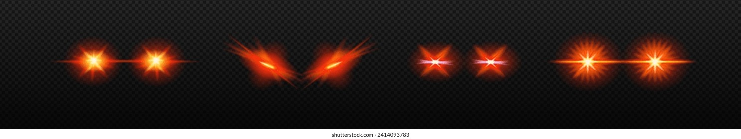 Laser glowing eyes set. Dangerous red light ferocious halloween evil and robot monsters with devil rays scary vector creatures