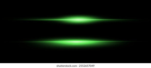 Linhas verdes a laser de luz. Luz neon horizontal. Linhas de velocidade horizontal neon. Feixes de laser.