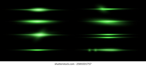 Laser green lines of light. Horizontal neon light. Neon horizontal speed lines. Laser beams.