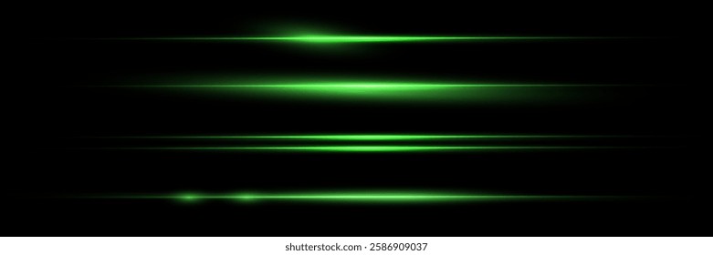 Laser green lines of light. Horizontal neon light. Neon horizontal speed lines. Laser beams