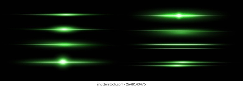 Laser green lines of light. Horizontal neon light. Neon horizontal speed lines. Laser beams