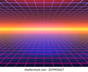 Laser Grid in Deep Space. Retro Futuristic Template in 80s Style. Synthwave, Retrowave Style