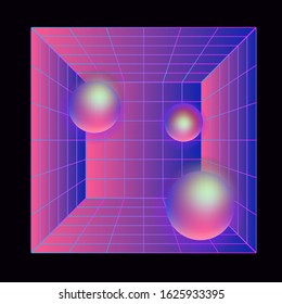 Laser grid with glowing neon spheres on dark background. Vaporwave and synthwave style illustration.