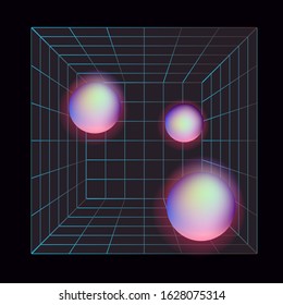 Laser grid with glowing neon spheres on dark background. Vaporwave and synthwave style illustration.