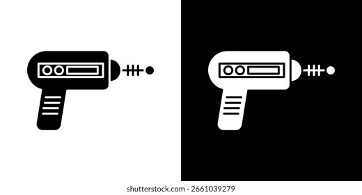 Icono de pistola láser en versión plana sobre fondo blanco y negro