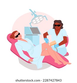 Laser hair removal in beauty salon vector illustration. Cartoon professional beautician wearing protective goggles, holding medical laser equipment to remove hair on legs skin of female client