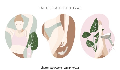 Laser hair removal collection. Woman in beauty salon. Depilation, leggs, bikini, armpits. Flat vector illustration.