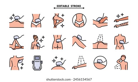 Laser hair removal color icons set. Editable stroke. Simple epilation symbols. Apparatus, equipment. Vector illustration isolated on white.