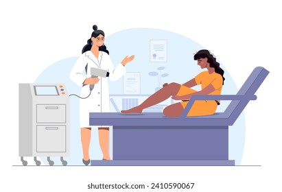 Laser hair removal concept. Woman with equipment for remove hairs from legs and hands. Client come to epilation. Beauty procedure. Cartoon flat vector illustration isolated on white background