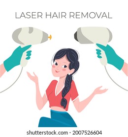 Laser hair removal concept. Young girl with diode and alexandrite epilator, vector illustration in flat style.