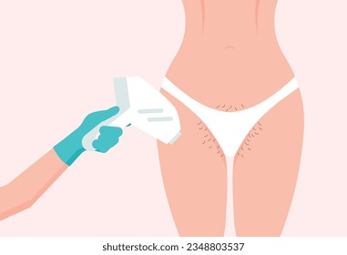 Laser hair removal. Doctor hand in gloves holds equipment. Woman hairy bikini area. Female beauty salon poster. Vector illustration in a flat style.