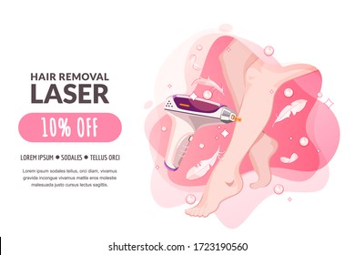 Laser Hair Removal, Female Body Care Procedures. Vector Flat Cartoon Illustration. Women Legs And Laser Epilation Medical Equipment On Pink Background. Beauty Salon Banner, Poster, Coupon Design