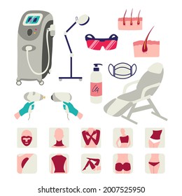 Laser hair removal icon set isolated on white background. Vector illustration of equipment, epilator, gel, goggles, cosmetic chair, lamp in simple flat style