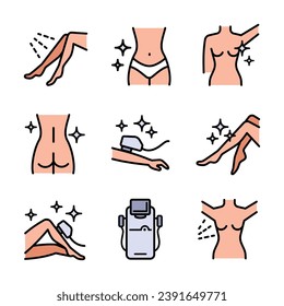 Laser hair removal icons. Color epilation line icons. Apparatus, equipment. Vector illustration. Editable stroke