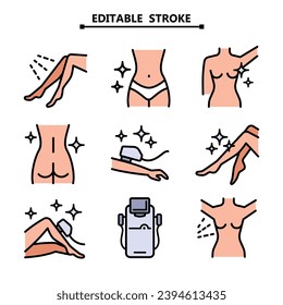 Laser hair removal icons. Color epilation line icons. Apparatus, equipment. Vector illustration. Editable stroke