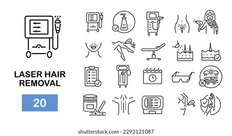Laser hair removal icons. Laser epilation line icons.  20 hair removal icons. Vector illustration  svg