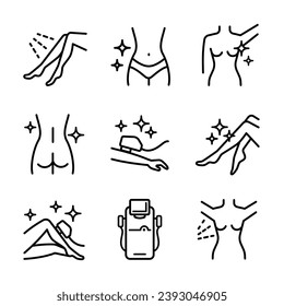Laser hair removal icons. Outline epilation line icons. Apparatus, equipment. Vector illustration svg