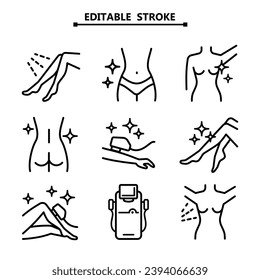 Laser hair removal icons. Outline epilation line icons. Apparatus, equipment. Vector illustration. Editable stroke.