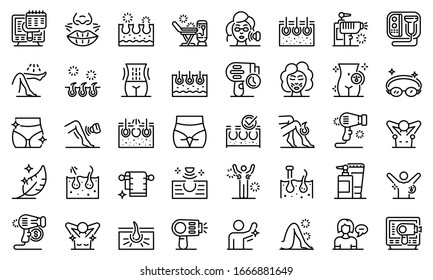 Iconos de depilación láser. Conjunto de esquemas de iconos vectoriales de eliminación láser para diseño web aislados en fondo blanco