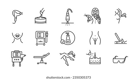 Laser hair removal icons set. Laser depilation simple icons. 15 laser hair removal icons isolated on white background. Glasses, Body, Legs, Laser, Cosmetologist icons. Vector illustration svg
