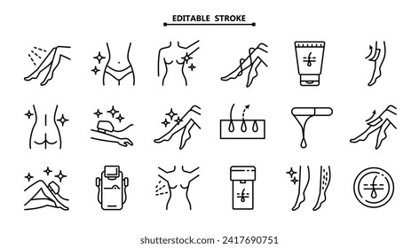 Laser hair removal icons set. Editable stroke. Laser epilation line icons. Hair removal signs. Epilation equipment. Vector illustration.