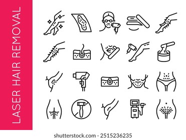 Laser-Haarentfernung Symbole. Set von 20 Laser Haarentfernung-Themen trendige minimale Icons. Glattes Bein, Wachsen, Bikini Wachsen Symbol. Designschilder für Webseite, mobile App, Verpackungsdesign. Vektorgrafik