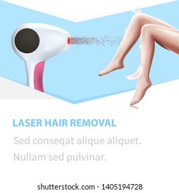 Laser Hair Removal. Light Feather Touch Smooth Woman Legs Epilated with Modern Tool for Home Use. Depilation Procedure. Beauty and Skin Care. 3D Vector Realistic Illustration, Poster, Square Banner