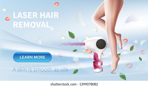 Laser Hair Removal. Light Feathers and Flower Petals Flying around Smooth Skin Silk Woman Legs Epilated with Modern Epilator. Beauty Care. 3D Vector Realistic Illustration, Poster, Horizontal Banner