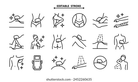 Laser hair removal line icons set. Editable stroke. Outline epilation symbols. Apparatus, equipment. Vector illustration isolated on white. svg