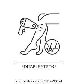 Icono lineal de eliminación de pelo láser. Procedimiento de depilación. Dispositivo para afeitarse el pelo no deseado. Epilador. Ilustración personalizable de línea delgada. Símbolo de contorno. Dibujo de contorno aislado del vector. Trazo editable