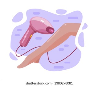 Laser hair removal. Laser hair removal machine and female leg close up. Flat Vector Illustration