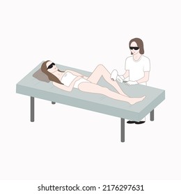 Laser hair removal on legs, two characters, salon hair removal, vector flat illustration of salon hair removal procedure. A girl in a beauty salon