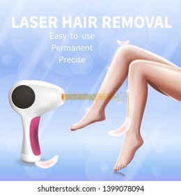Laser Hair Removal Permanent Precise Square Banner with Feminine Smooth Legs and Feathers. Easy to Use Epilator Device for Home Procedure. Beauty and Skin Care 3D Vector Realistic Illustration, Poster