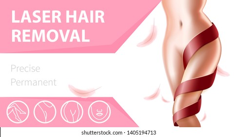 Laser Hair Removal, Precise Permanent Horizontal Banner. Beautiful Female Body with Smooth Hairless Skin, Feathers and Lace on Leg, Intimate Areas for Epilation Icons. 3D Vector Realistic Illustration