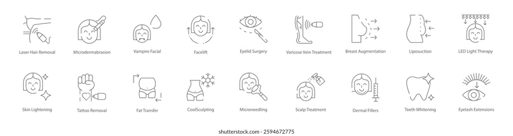 Laser Hair Removal, Vampire Facial, Facelift, Rhinoplasty, Breast Augmentation, Liposuction, and Teeth Whitening Vector Icon Set