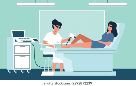 Laser hair removal, woman removes her leg hair with laser. Girl and doctor in beauty clinic, skin care procedure, photoepilation appliance, cartoon flat style isolated vector concept