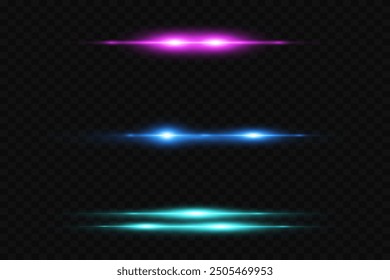 Laser horizontal beams, light beams. Glare effect. Bright stripes on a dark background.