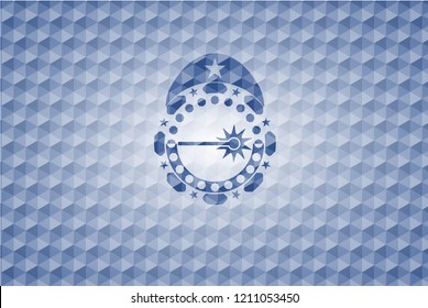laser icon inside blue emblem or badge with geometric pattern background.