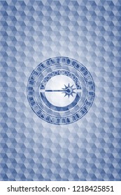 laser icon inside blue emblem with geometric pattern.