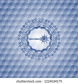 laser icon inside blue emblem or badge with abstract geometric pattern background.