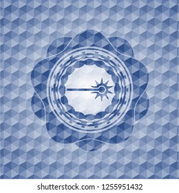 laser icon inside blue emblem or badge with geometric pattern background.