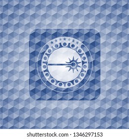 laser icon inside blue emblem or badge with abstract geometric polygonal pattern background.