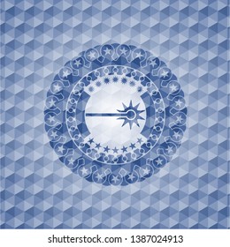 laser icon inside blue emblem with geometric pattern background.
