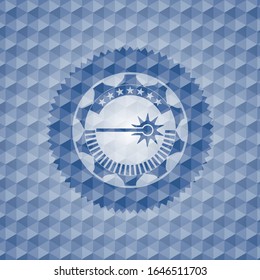 laser icon inside blue emblem with geometric pattern.
